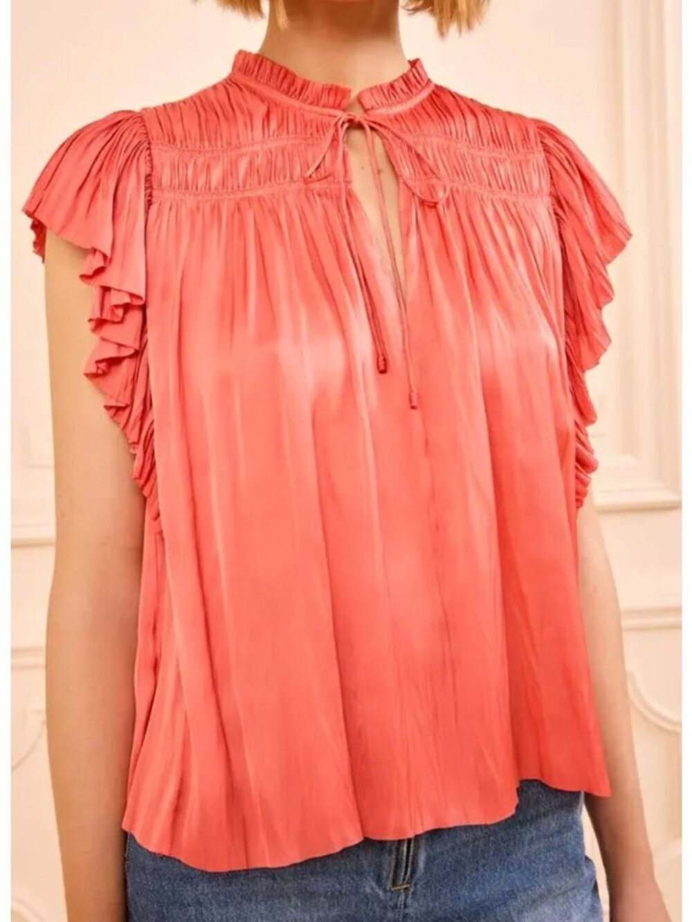 Ulla Johnson Agosta Flutter Sleeve Ruffled Satin Blouse Pink Size 8